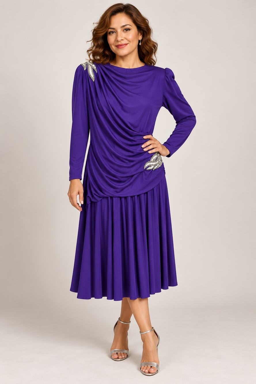 Vintage 1980s Abby Kent Purple Draped Beaded Dress Size 14 USA 40" Bust